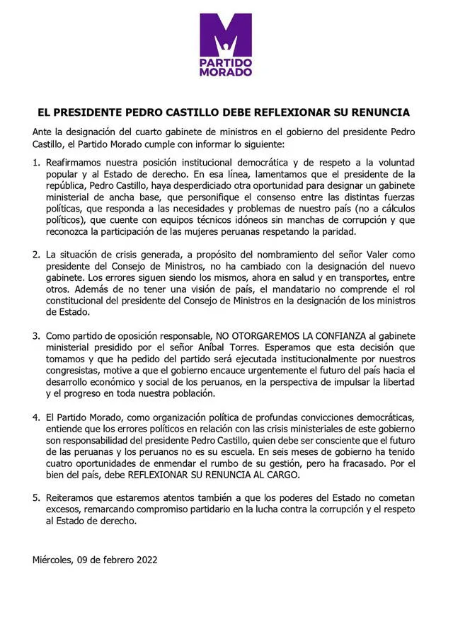 Partido Morado rechaza a gabinete Torres. Foto: documento del PM