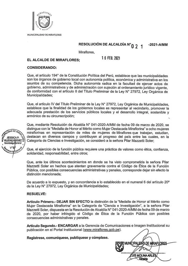 Municipalidad de Miraflores dejó sin efecto distinción a Pilar Mazzetti. Foto: Difusión