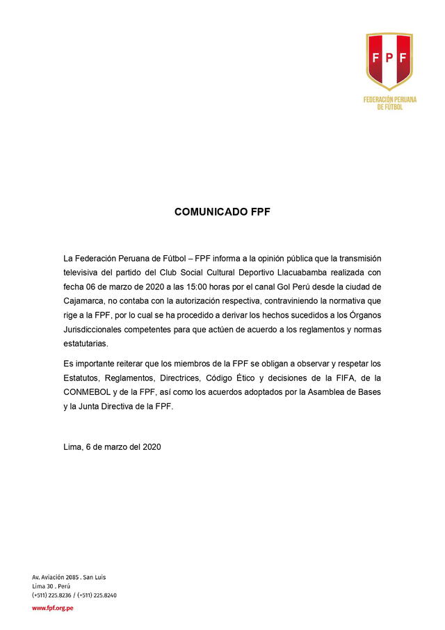 FPF emitió un comunicado debido al partido entre Llacuabamba y UTC. Foto: FPF