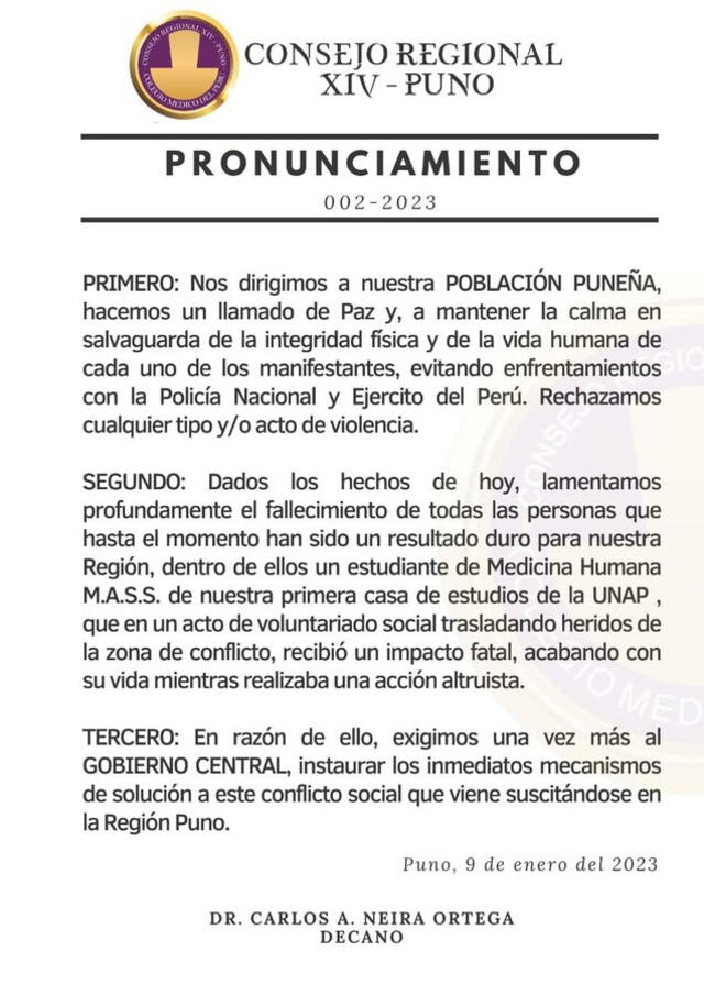 Comunicado del Colegio de Médicos Consejo Regional Puno.