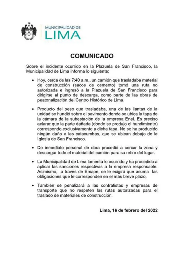 Comunicado de la Municipalidad de Lima.