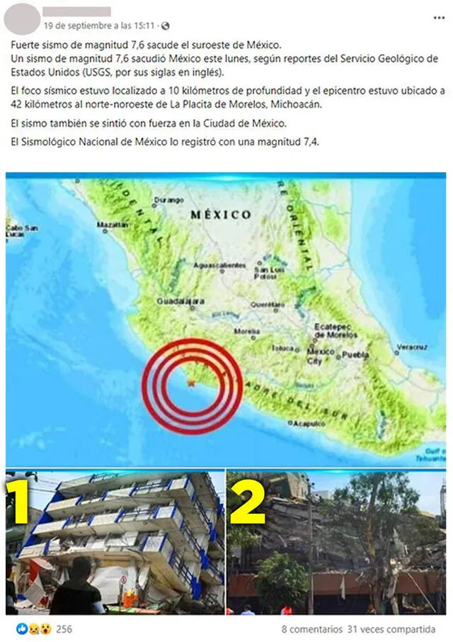 Cuentas relacionan imágenes con el reciente terremoto en México producido el 19 de septiembre. Foto: captura en Facebook.