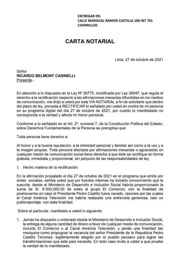 Carta notarial de Dina Boluarte a Ricardo Belmont. Foto: captura de Twitter