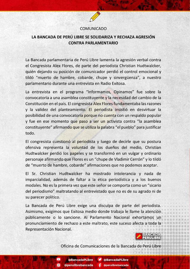 Comunicado de Perú Libre Foto: Twitter