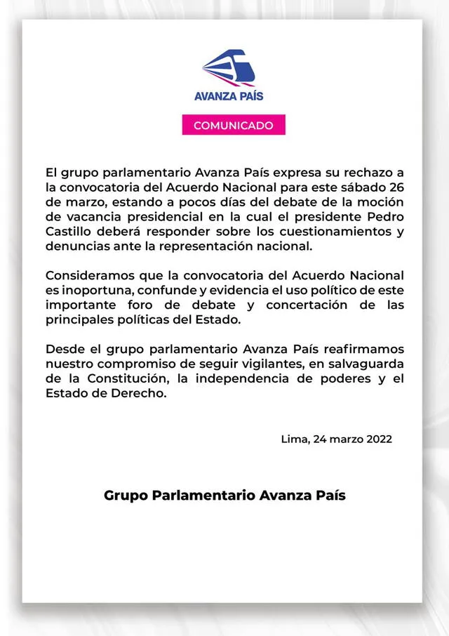 Bancada de Avanza País rechaza convocatoria al Acuerdo Nacional. Foto: comunicado oficial