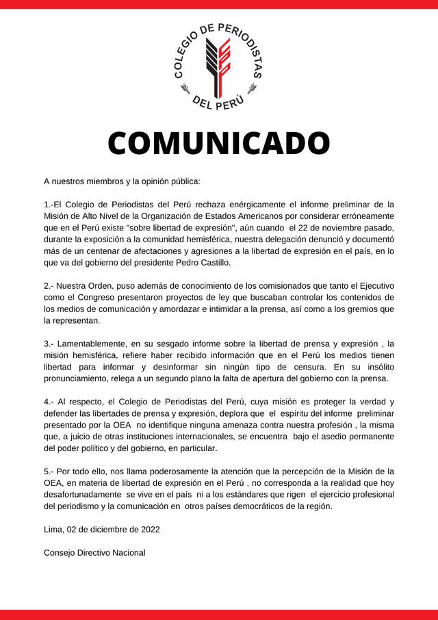 Comunicado del Colegio de Periodistas del Perú