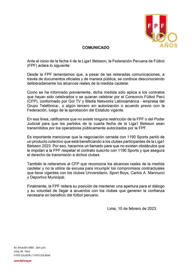 Comunicado de la FPF. Foto: FPF   