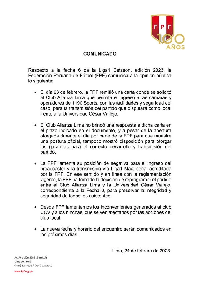 Comunicado de la FPF. Foto: FPF 