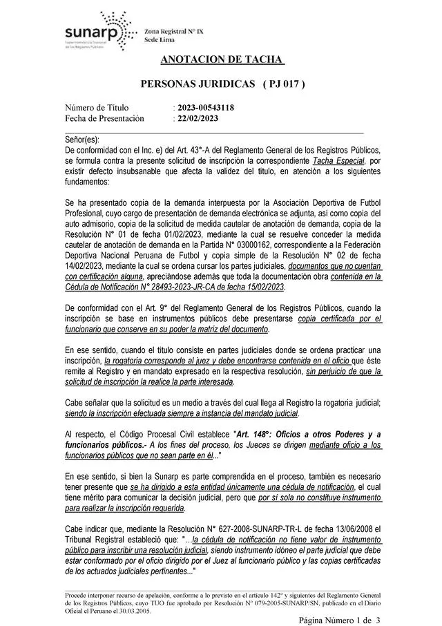  Documento oficial de la resolución. Foto: Sunarp  