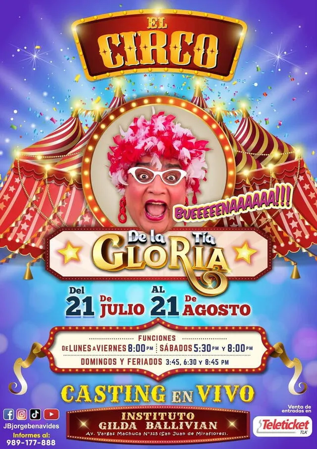  El Circo de la Tía Gloria ofrece un show divertido en San Juan de Miraflores hasta el 20 de agosto. Foto: Facebook/LaTíaGloria<br><br>  