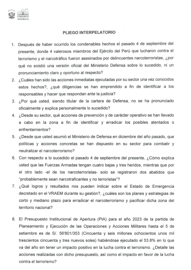  Preguntas que deberá responder el ministro de Defensa, Jorge Chávez ante el Congreso. Foto: Parlamento 