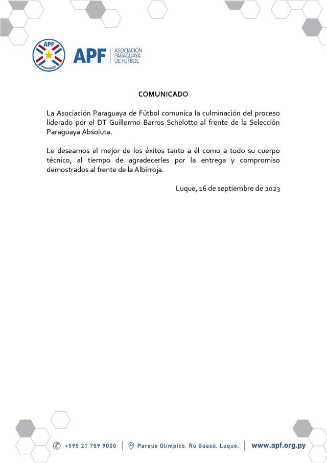 Comunicado que oficializó el cese de Barros Schelotto en Paraguay. Foto: APF   