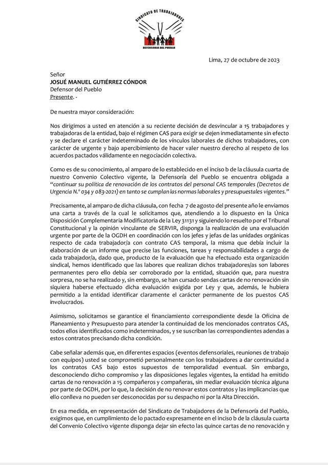 Sindicato de la Defensoría del Pueblo| Josué Gutierrez| despidos arbitrarios