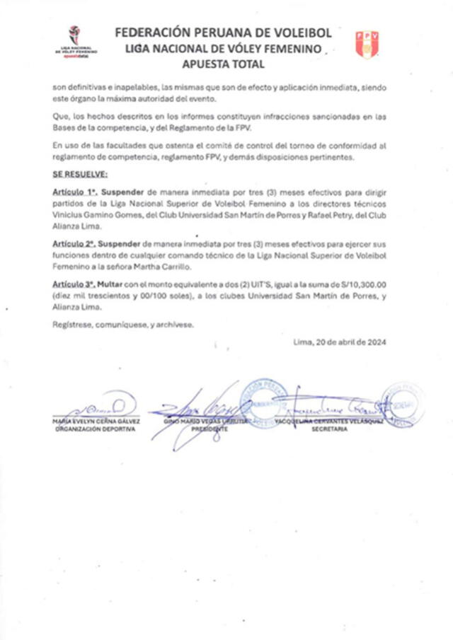  Resolución de la Federación Peruana de Vóley sanciona a DT de Alianza Lima. 