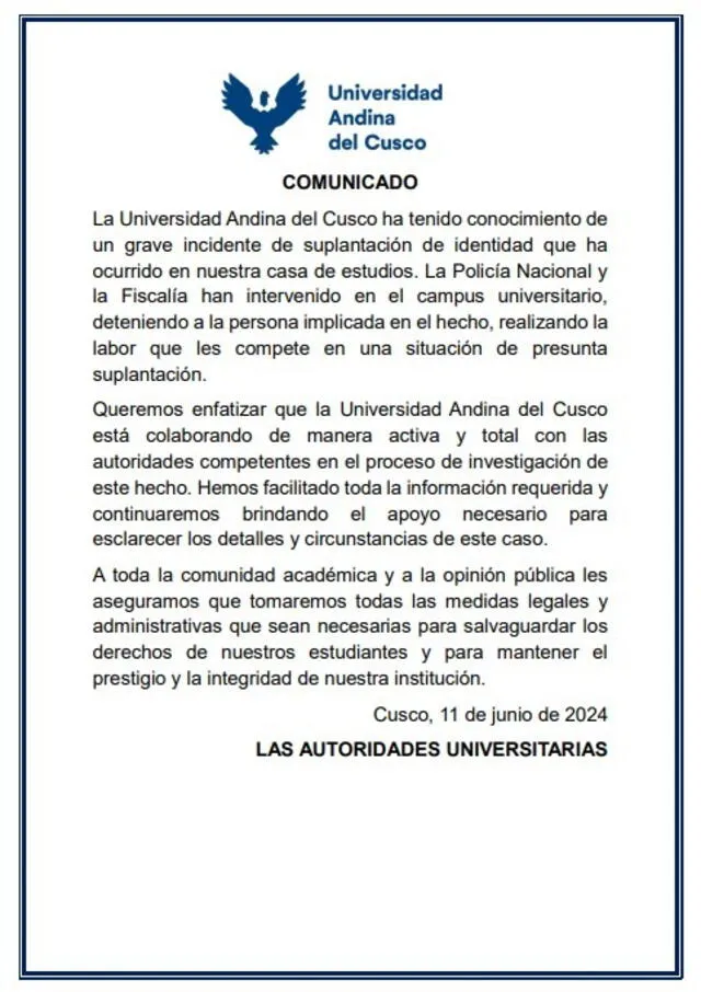 Universidad Andina de Cusco se pronuncia.