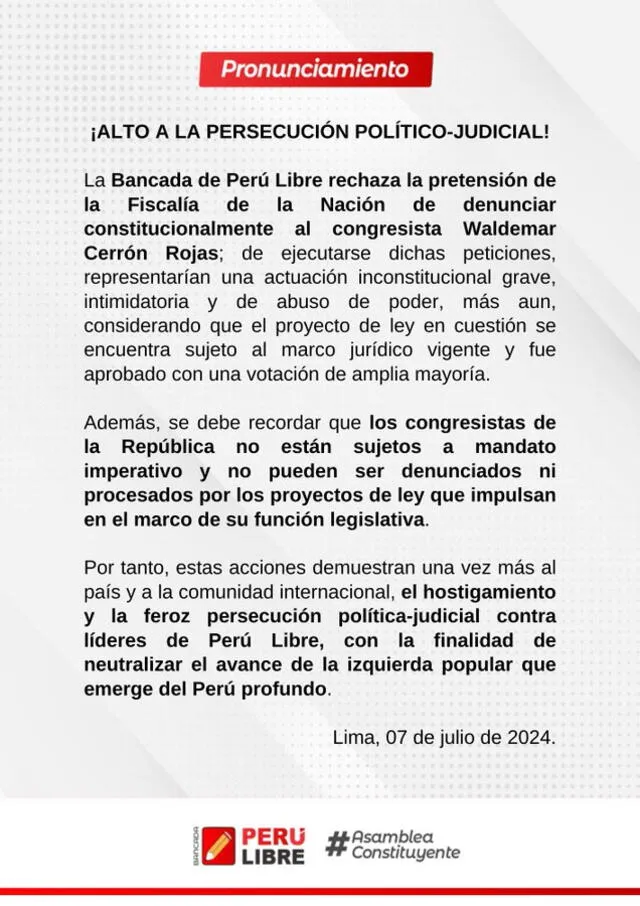  Bancada de Perú Libre rechaza informe de la Fiscalía contra Waldemar Cerrón. Foto: Perú Libre    