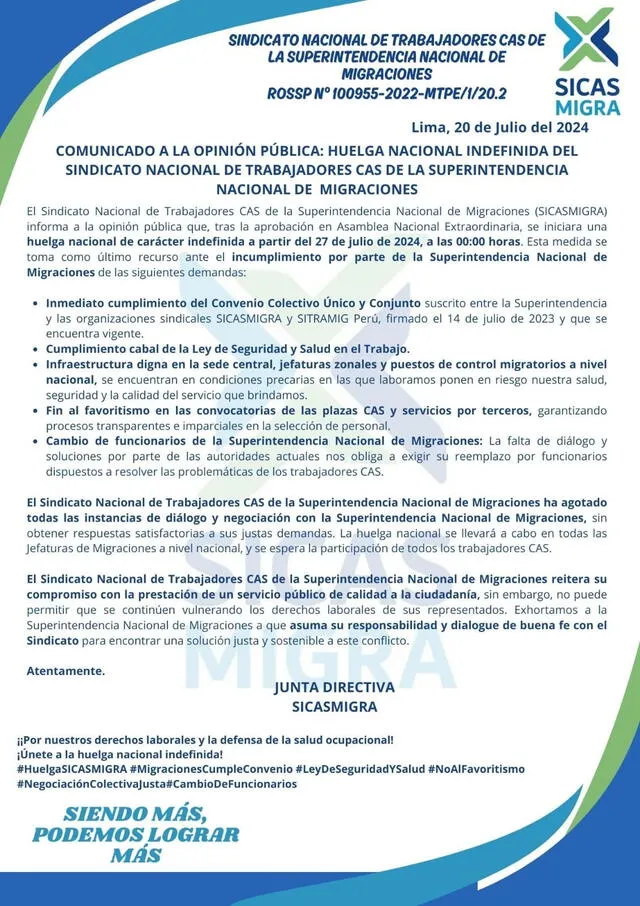 Migraciones: Sindicato de trabajadores convoca a paro en 15 regiones del país e iniciará en Fiestas Patrias