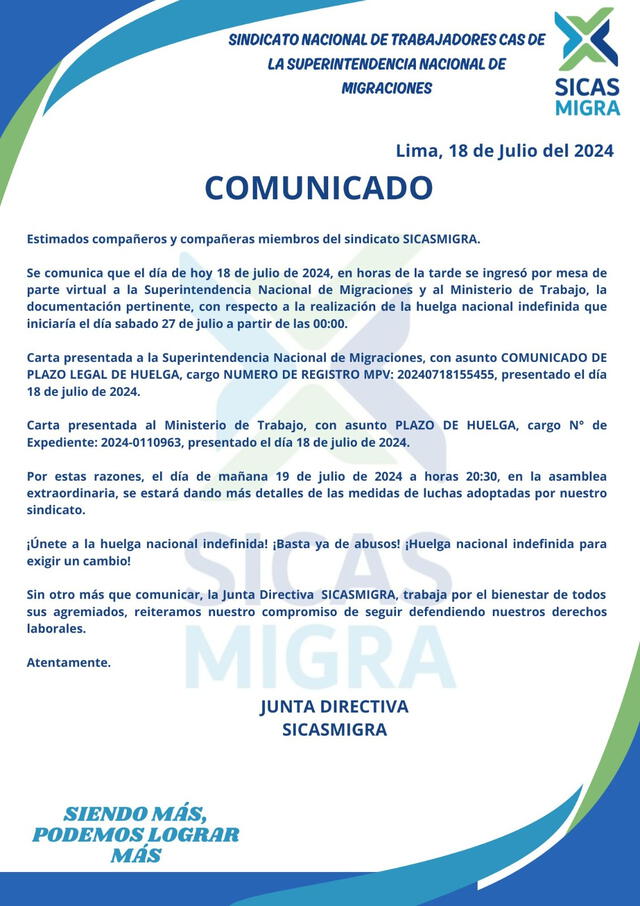 Migraciones: Sindicato de trabajadores convoca a paro en 15 regiones del país e iniciará en Fiestas Patrias