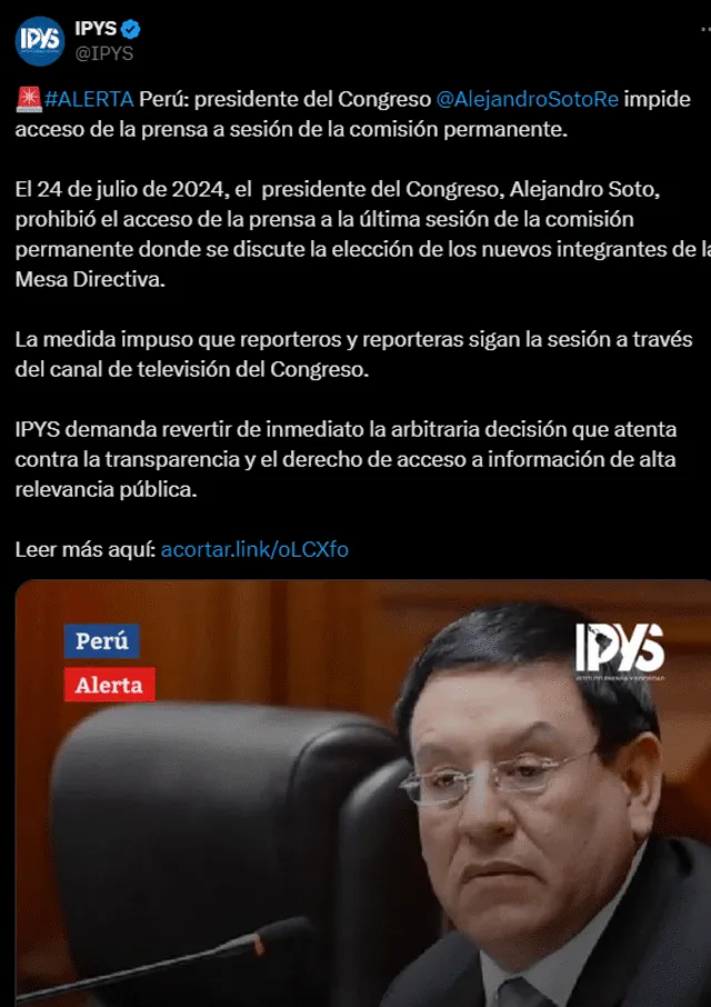 Alejandro Soto termina su mandato como titular del Congreso con cuestionamientos. Foto: IPYS- X.   