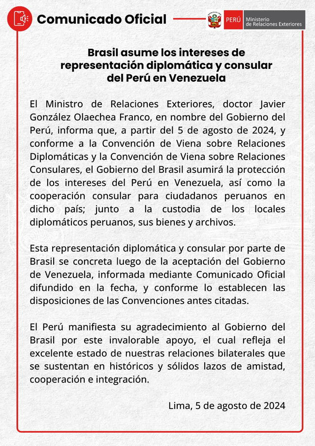 Perú confirma que Brasil resguardará su embajada en Venezuela. Foto: @CancilleriaPeru/Twitter   