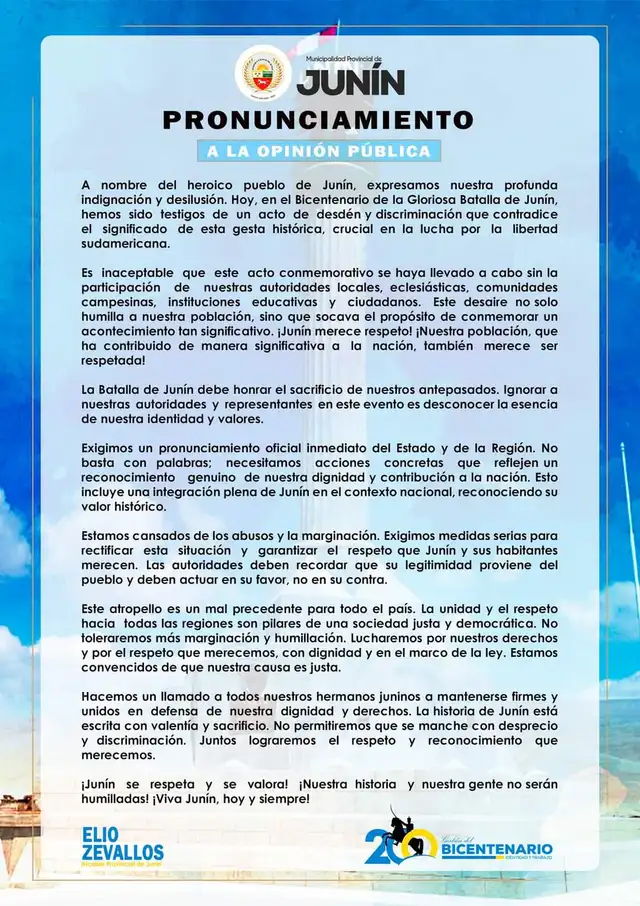 Comunicado de la Municipalidad Provincial de Junín    