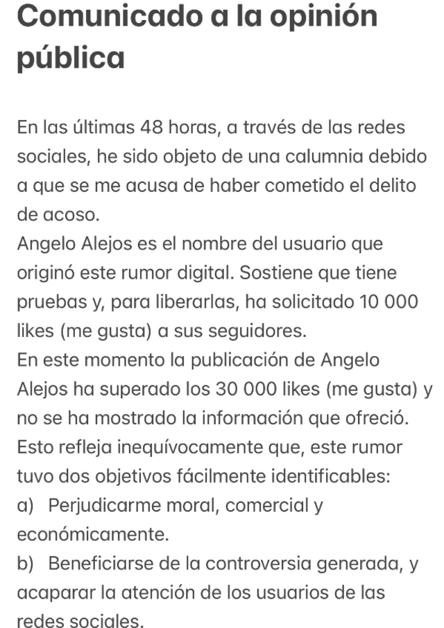  Javier Masías anuncia demanda por difamación a tiktoker Angelo Alejos.   