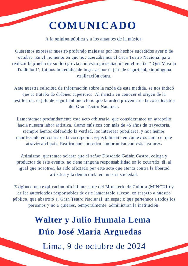  Comunicado del Dúo Arguedas luego de que se les prohibiera ingresar a presentación en el Gran Teatro Nacional. Foto: difusión 