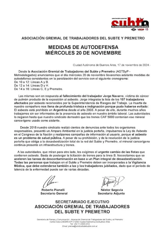 Documento oficial anunciando el paro de transporte. Foto: Metrodelegados   