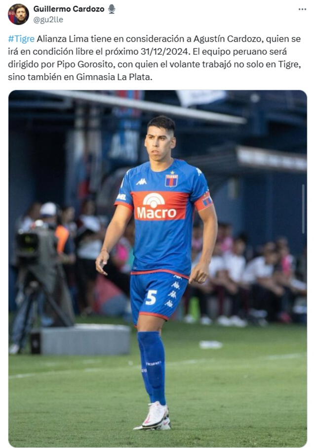 Agustín Cardozo solo ha jugado una vez fuera de Argentina. Foto: captura de Guillermo Cardozo/X   