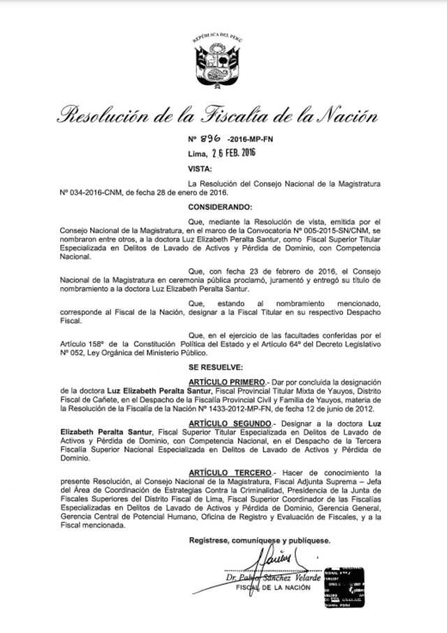  Resolución de la Fiscalía de la Nación que nombra a Elizabeth Peralta como Fiscal Especializada en Delitos de Lavados de Activos publicada en 2016 | Fuente: Poder Judicial.    