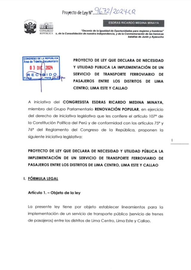 Proyecto de ley sobre implementación de trenes en Lima y Callao