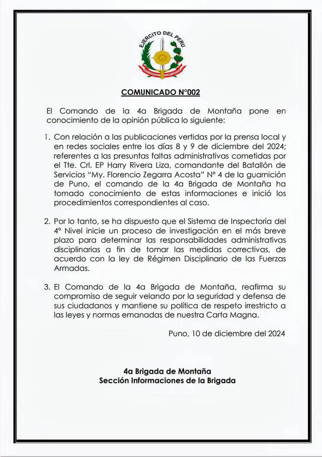 Comunicado del EP a raíz del caso del comandante Harry Rivera.