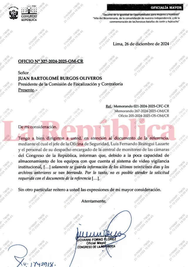 Documento del oficial mayor del Congreso al presidente de la Comisión de Fiscalización   