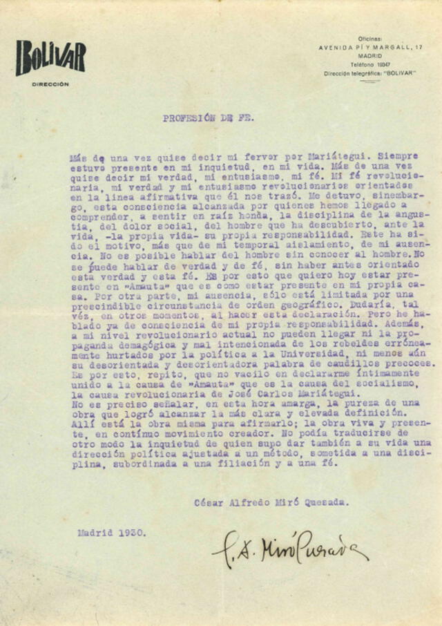 Manuscrito de César Miró rescatado por el Archivo Mariátegui   