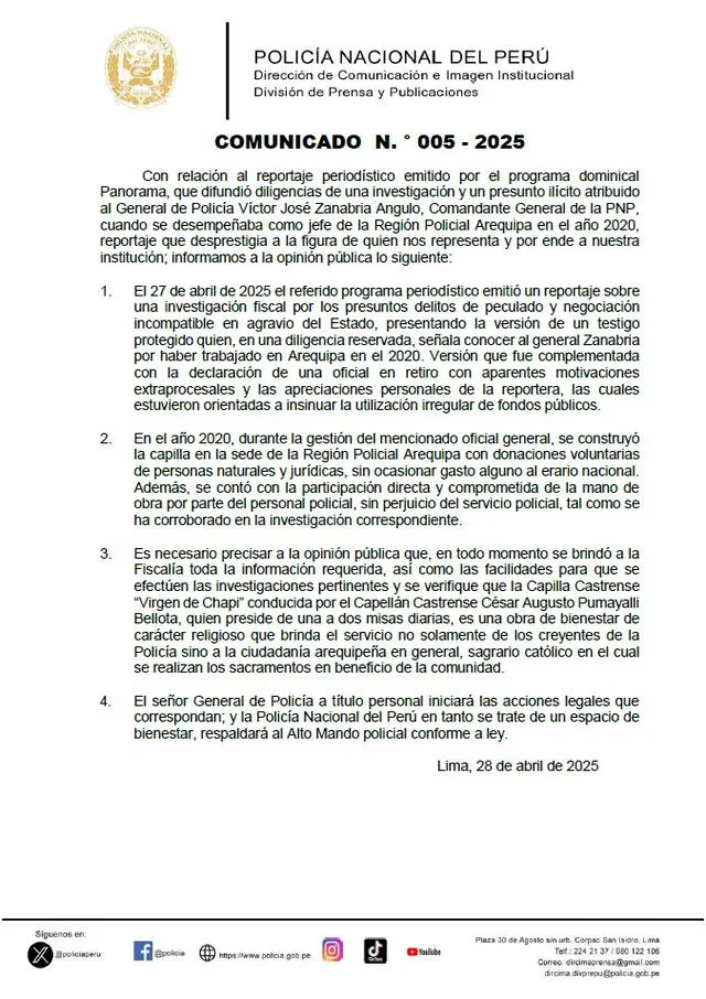 Comunicado de la PNP. Foto: PNP/X Comunicado de la PNP. Foto: PNP/X