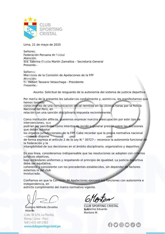 Sporting Cristal envió carta a la FPF y rechazó intromisión de la PNP. Foto: RPP Sporting Cristal envió carta a la FPF y rechazó intromisión de la PNP. Foto: RPP