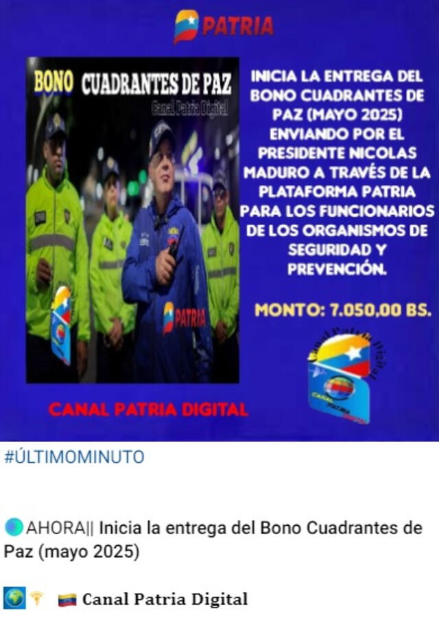 Anuncio del Bono Cuadrantes de Paz de mayo 2025. Foto: Canal Patria Digital Anuncio del Bono Cuadrantes de Paz de mayo 2025. Foto: Canal Patria Digital
