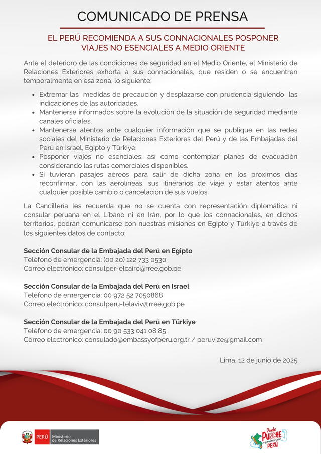 Gobierno brinda recomendaciones ante conflicto entre Israel e Irán. Foto: RREE. Gobierno brinda recomendaciones ante conflicto entre Israel e Irán. Foto: RREE.