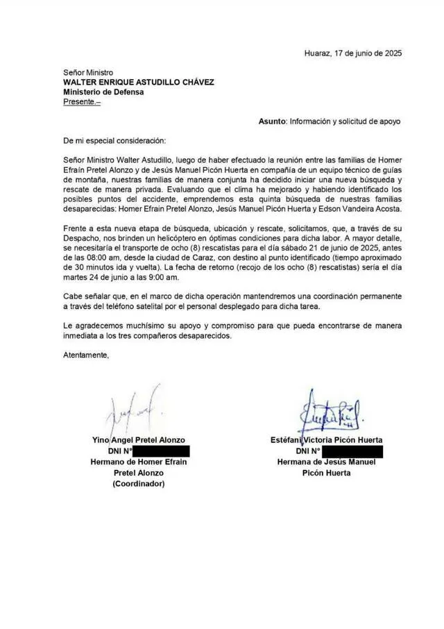 Hermanos de montañista emitieron comunicado. Foto: Familiares de jóvenes