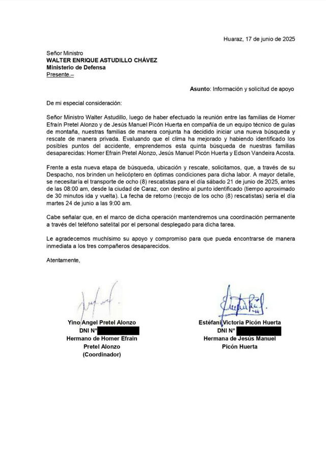 Familiares de montañistas desaparecidos envían carta al ministro Walter Astudillo para solicitar ayuda Familiares de montañistas desaparecidos envían carta al ministro Walter Astudillo para solicitar ayuda