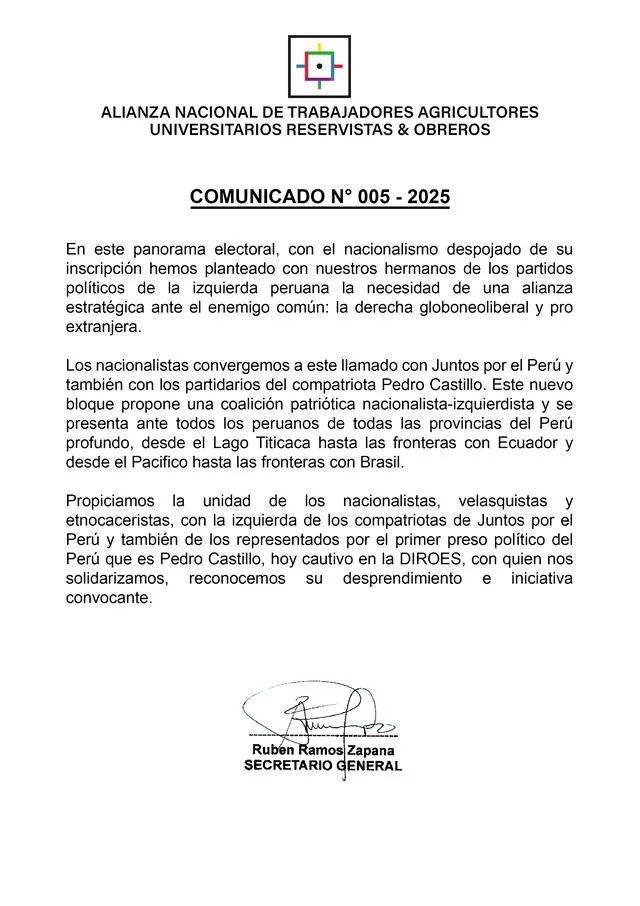  Comunicado de Antauro Humala en su cuenta oficial de X   