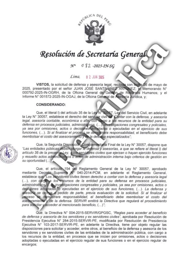  Resolución de Secretaría General que avala la defensa legal de Santiváñez.   