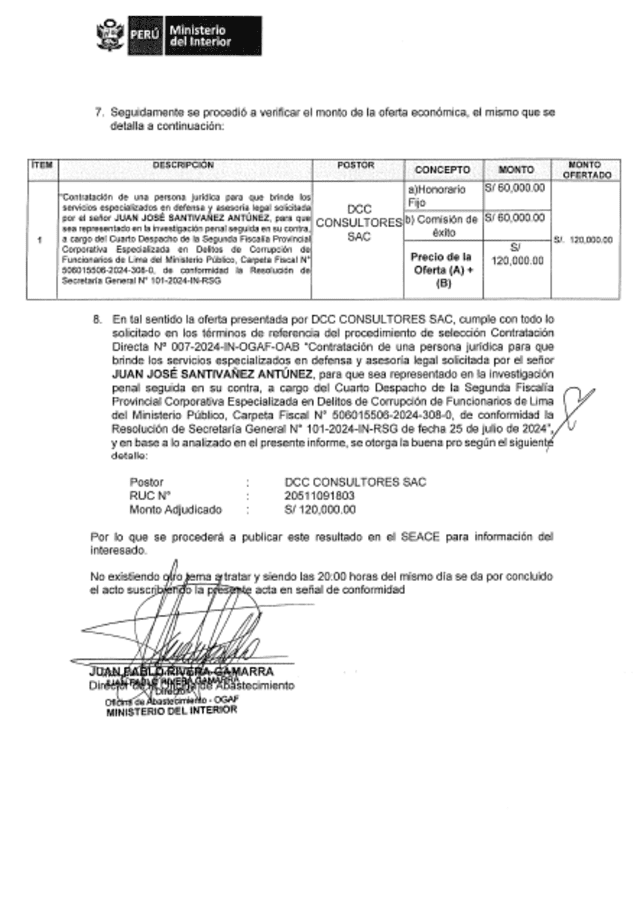  Documento del otorgamiento de la buena pro a DCC Consultores en 2024. El total del pago es de S/120.000, pero solo se entregó la mitad como honorario fijo. Foto: captura de pantalla.    