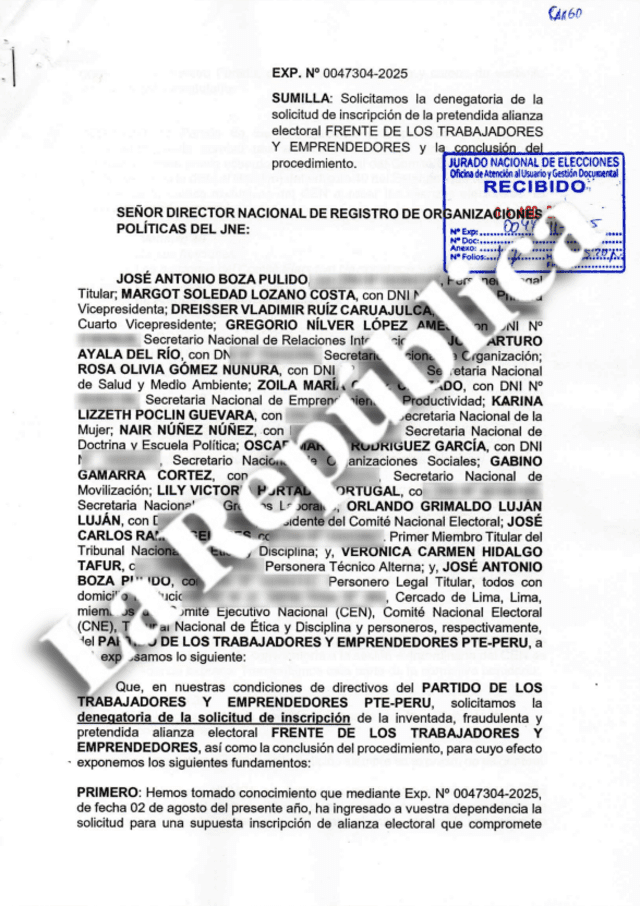 Solicitud para denegar inscripción de alianza política entre Primero la Gente y el PTE. Solicitud para denegar inscripción de alianza política entre Primero la Gente y el PTE.