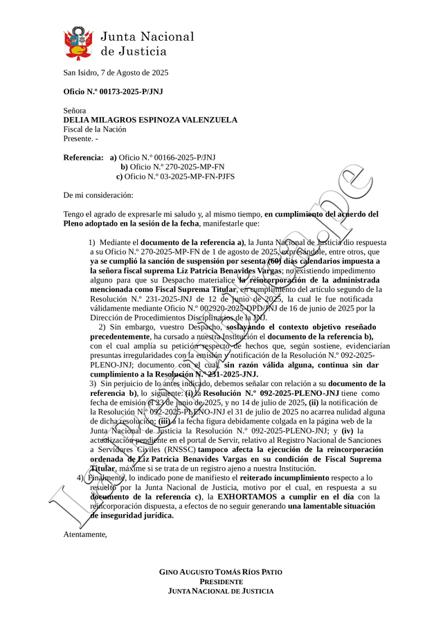 Oficio de Gino Ríos a Delia Espinoza exigiéndole reponer a Patricia Benavides. Oficio de Gino Ríos a Delia Espinoza exigiéndole reponer a Patricia Benavides.