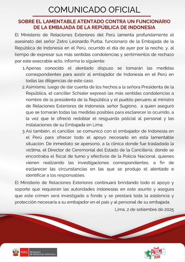 Comunicado oficial de la Cancillería.   