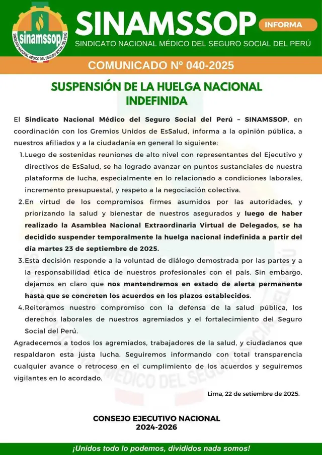 Gremios anunciaro fin de la huelga de EsSalud. Foto: Sinamssop    