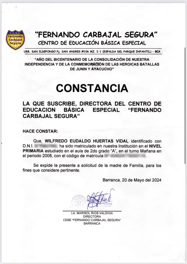 Constancia que acredita que Wilfredo Huertas estudió en el Centro de Educación Básica Especial Fernando Carbajal Segura. Foto: La República. Constancia que acredita que Wilfredo Huertas estudió en el Centro de Educación Básica Especial Fernando Carbajal Segura. Foto: La República.