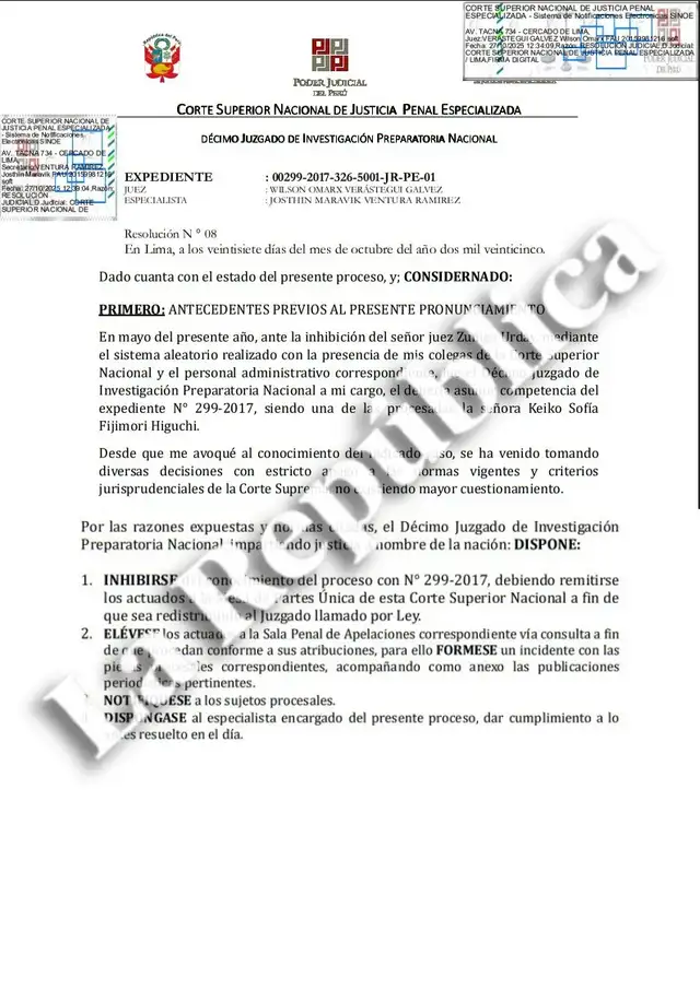 Resolución donde el juez Wilson Verástegui Gálvez decide apartarse del caso Cócteles