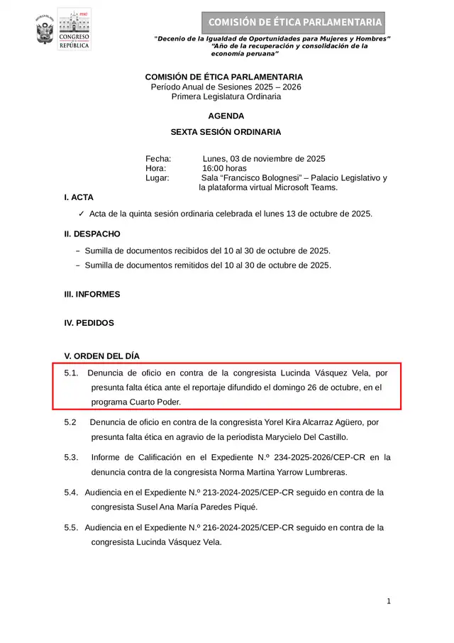  Agenda de la Comisión de Ética para el lunes 3 de noviembre   